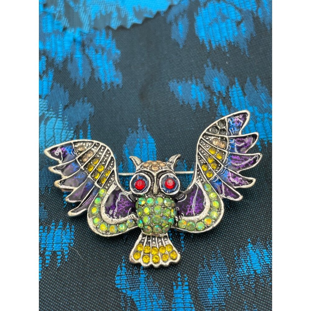 Vintage Owl Rhinestone Brooch With Multicolor Crystals & Intricate Design - 2.25